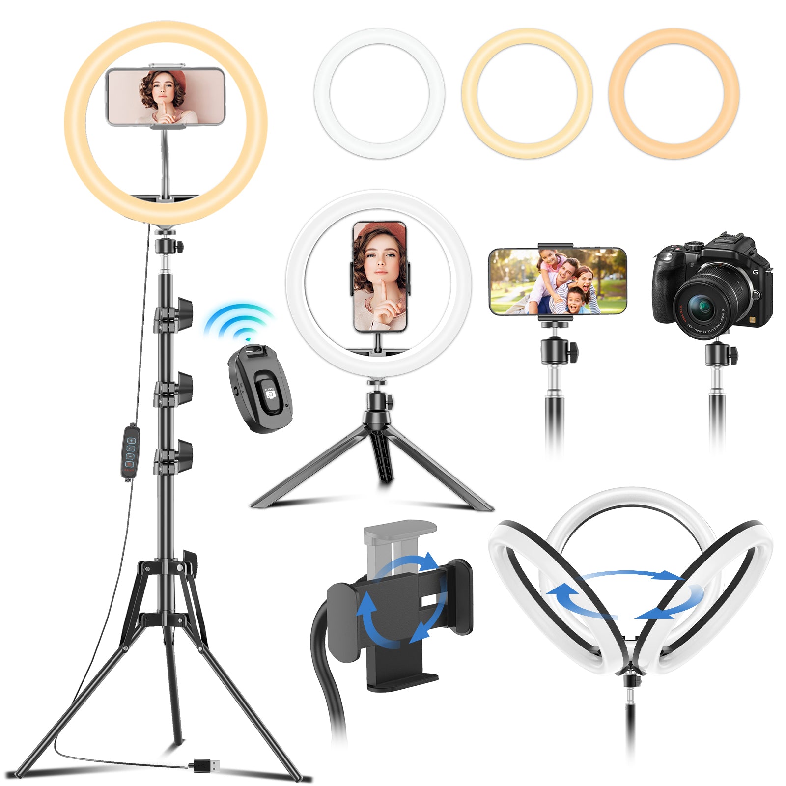 PEYOU 12" Selfie Ring Light with 60" Adjustable Tripod Stand & Mini Desktop Tripod & 2 Phone Holder