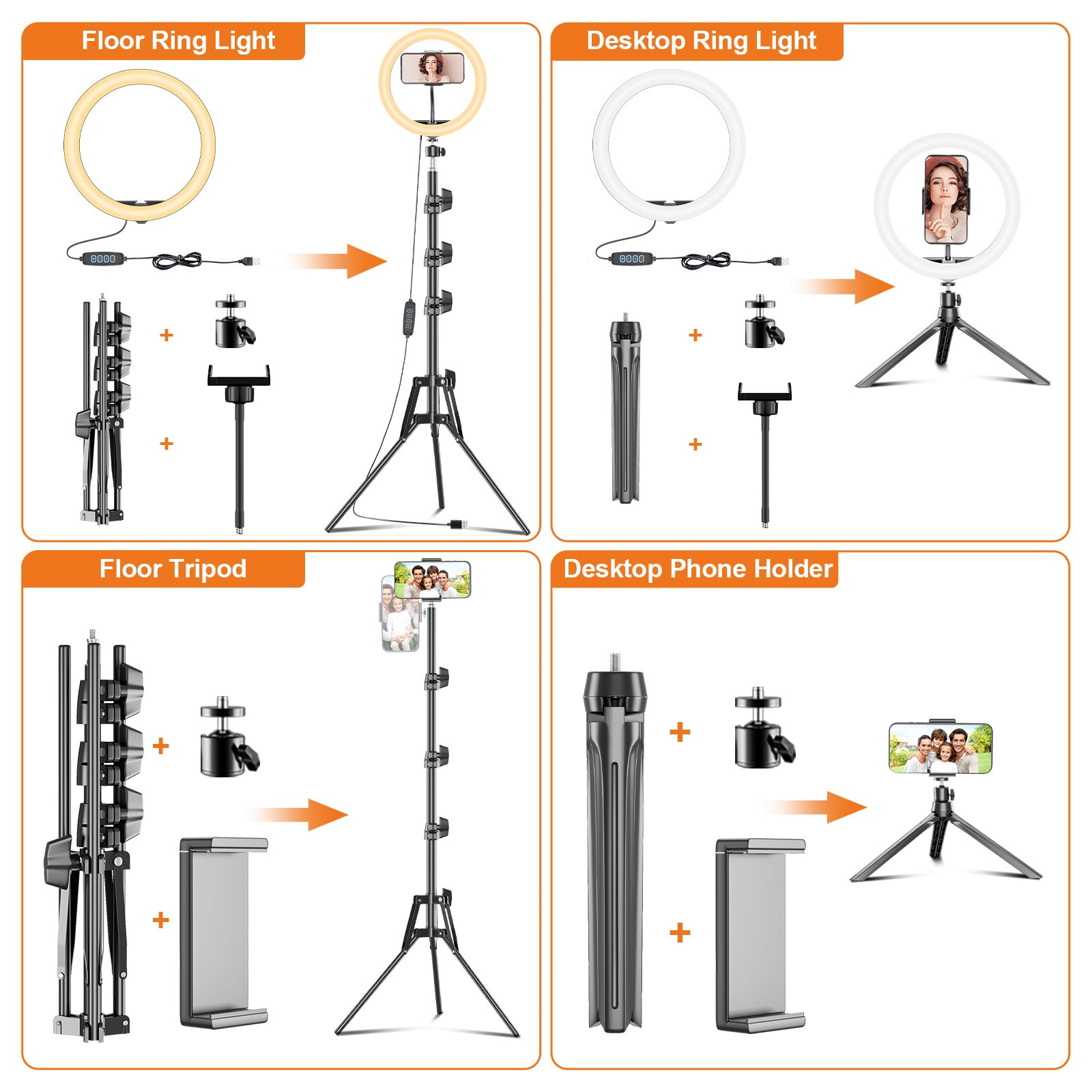 PEYOU 12" Selfie Ring Light with 60" Adjustable Tripod Stand & Mini Desktop Tripod & 2 Phone Holder