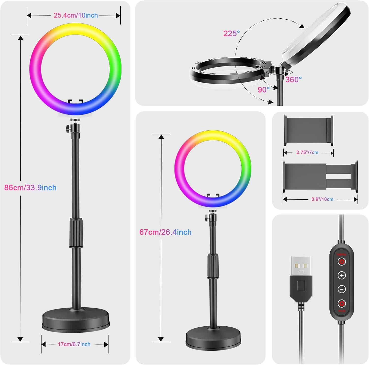 PEYOU Desk Ring Light with Stand and Phone Holder, 10" Dimmable Desktop 【RBG & LED 】 Circle Light