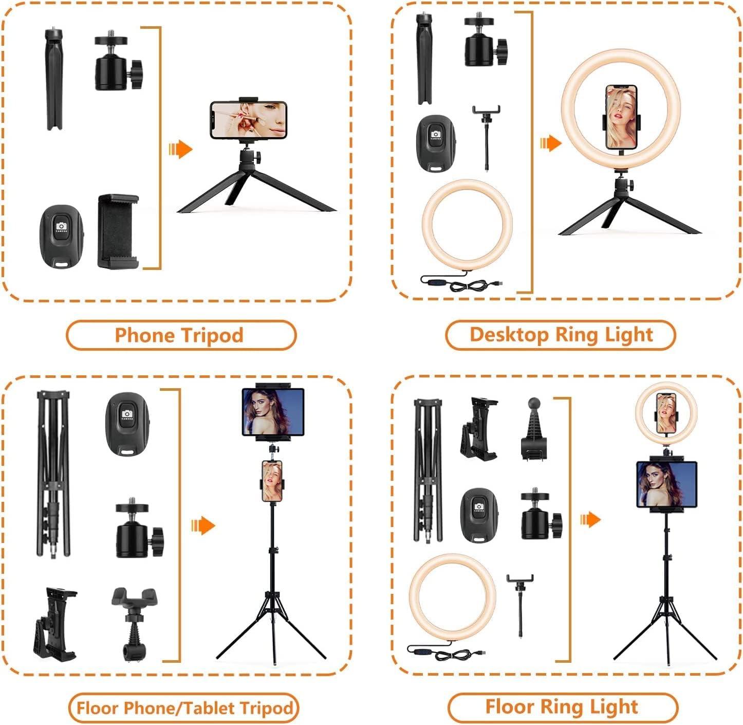 12" Selfie Ring Light with Tripod Stand 72" Tall & Mini Desktop Tripod