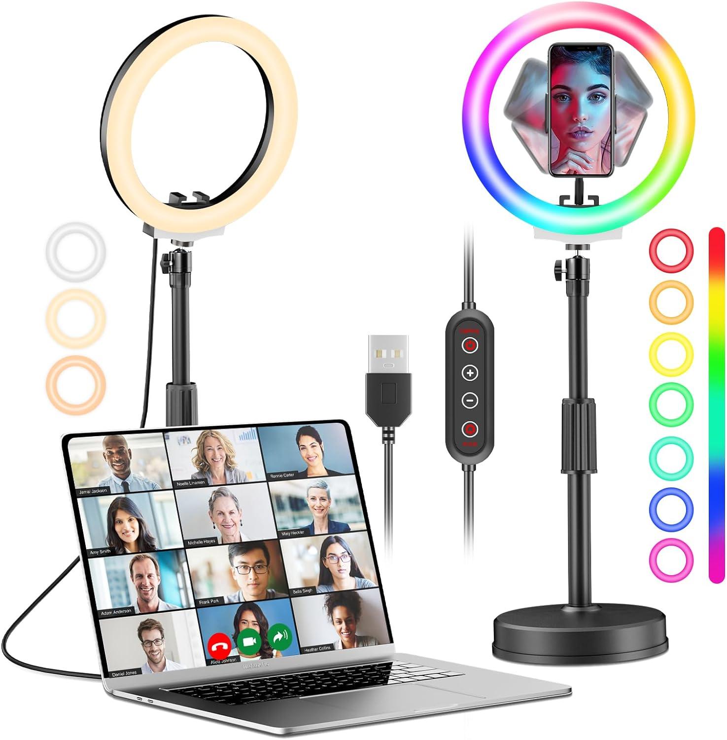 PEYOU Desk Ring Light with Stand and Phone Holder, 10" Dimmable Desktop 【RBG & LED 】 Circle Light