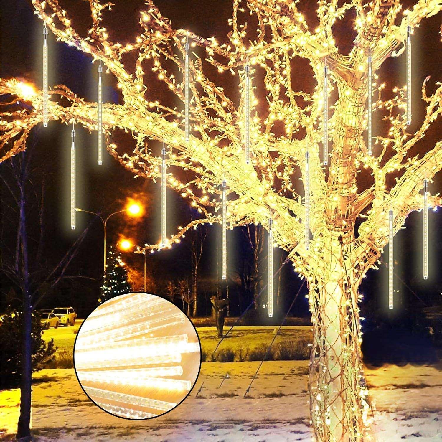 Meteor Shower Lights, 16 Tubes 15.7inch 576 LED Christmas Lights Outdoor Waterproof, Falling Rain Drop Lights for Xmas Tree Party Garden Decor