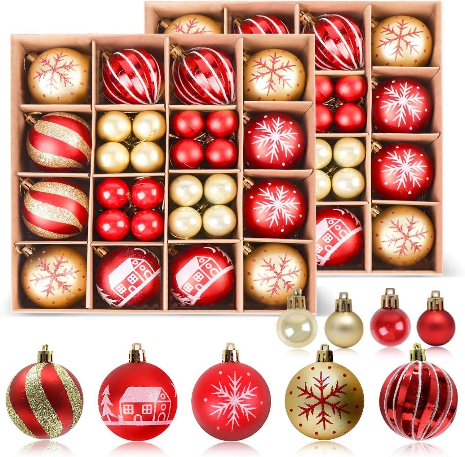 Christmas Balls Ornaments for Xmas Christmas Tree Ornaments Balls with Glitter, Shatterproof Christmas Tree Decorations, Red & Gold