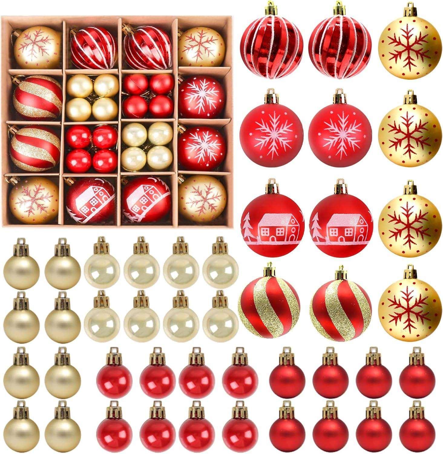 Christmas Balls Ornaments for Xmas Christmas Tree Ornaments Balls with Glitter, Shatterproof Christmas Tree Decorations, Red & Gold